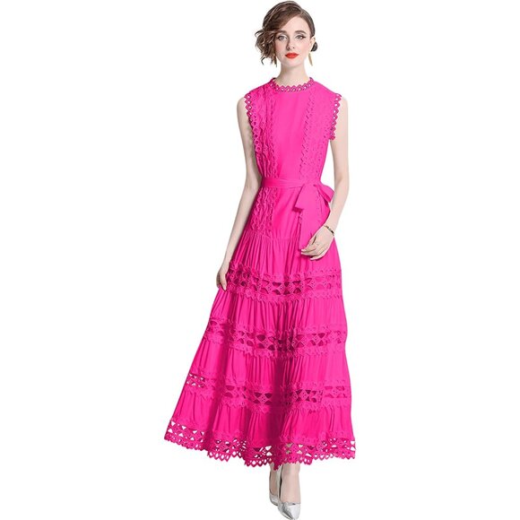 Women Sleeveless Maxi Dress Polyester Hollow Out A-Line Formal Evening - Picture 1 of 5